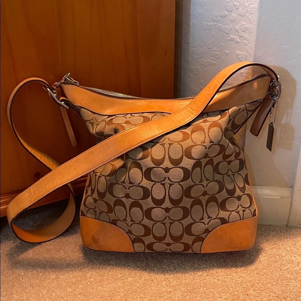 Coach Tan and Brown Signature Shoulder Bag